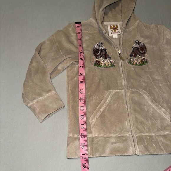 Ameri Mode Fleece Hoodie Girls 4 Taupe Patch Wolves Wolf Long Sleeve Full Zip - Picture 7 of 8